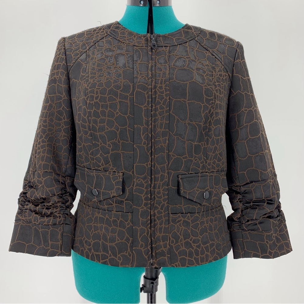 anthracite Brown Scale Print Zipper Closure 3/4 Ruched Sleeve Blazer, 10